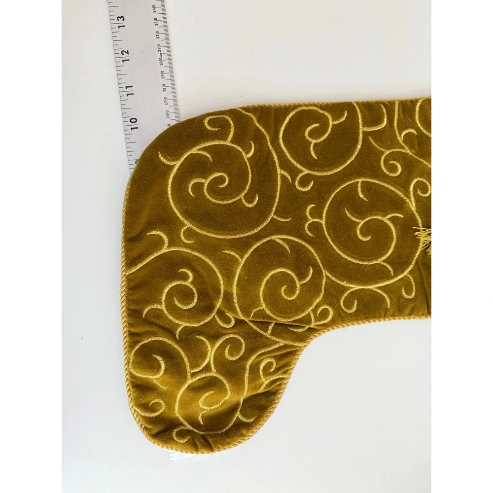 Set of 2 Velvet Christmas Stockings Gold Embroidered Swirl Tassel Holiday Decor